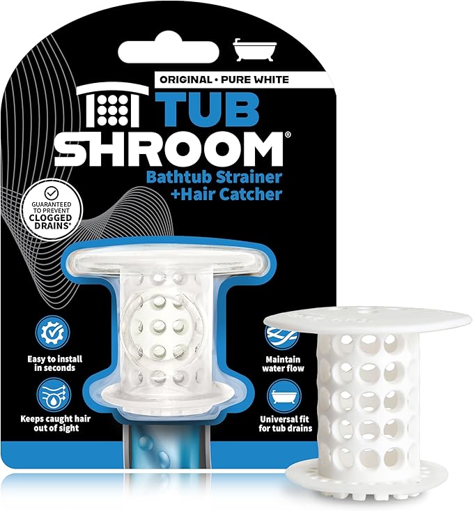 TubShroom Tub Drain Hair Catcher Strainer, White – Drain Protector and Hair Catcher for Bathroom Drains, Fits 1.5” – 1.75” Bathtub and Shower Tub Drains