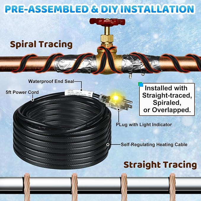 Kingdder 6FT - 48FT Heat Tape for Water Pipes Thermostat Self Regulating Heating Cable with Power Indicator Plug Built-in, Heavy Duty Heating Cable for Pipe Freeze Protection, 120V 8W/ft(1 Pcs,12 Ft)