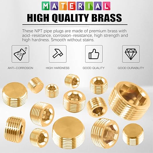 Glarks 6Pcs Brass 1/4'' NPT Male Pipe Plug Fitting Set Internal Hex Thread Socket Pipe Plug Assortment Kit