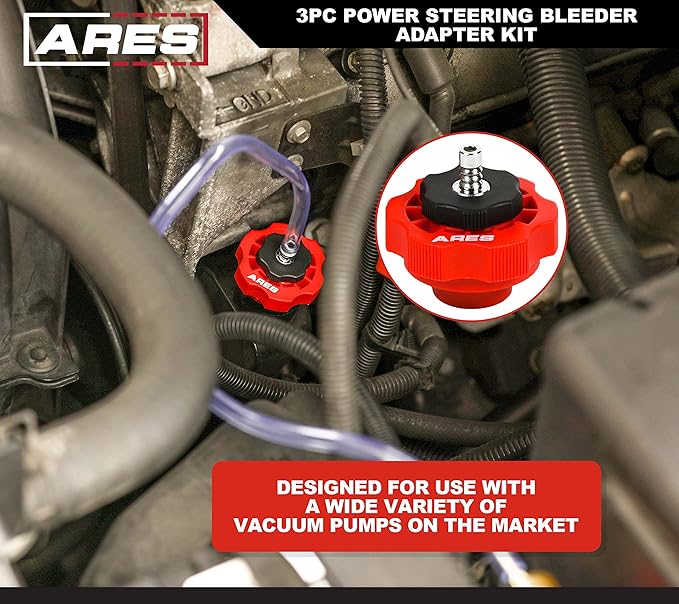 ARES 18069 – 3-Piece Power Steering Adapter Kit – Adapters for Manual Vacuum Pumps Easily Purge Air from Power Steering System on Most Standard Vehicles