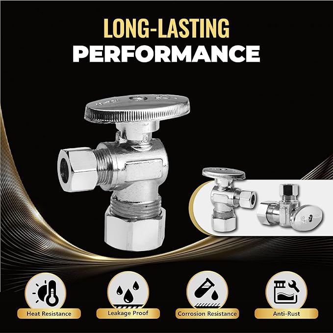 10-Pack Foskan Compression Angle Stop Valve,1/4 Turn Shut Off Valve 1/2" NOM (5/8" OD) x 3/8" OD,Chrome Plated Brass