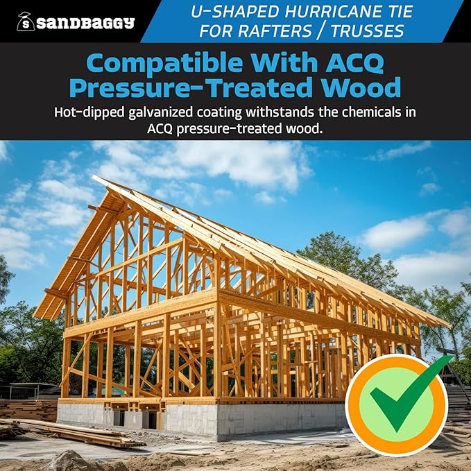 Sandbaggy U-Shaped Hurricane Tie - Hot Dipped Galvanized, 18 Gauge - Structural Wood Framing Connectors for Rafters, Trusses, Deck Joists (U-Shaped, 10, Count)