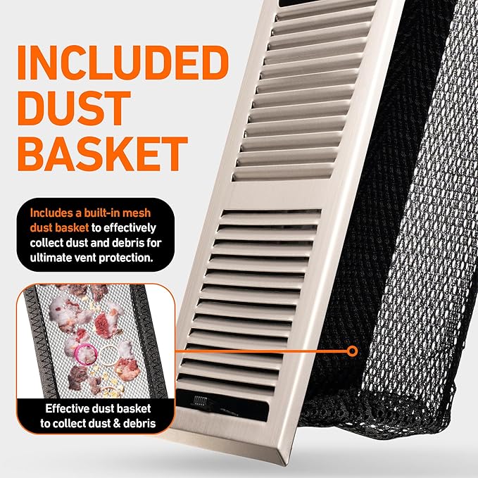 2X12 Floor Vent Covers Floor Register with Mesh Cover Trap, Heat and Air, Walkable Metal Floor Vent for HVAC Duct, Contemporary, Satin Nickel