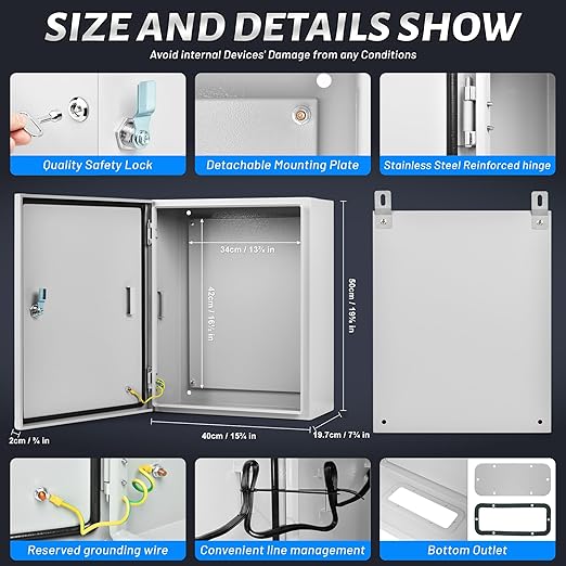 Steel Electrical Junction Box, 20 x 16 x 8 Waterproof & Dustproof Electrical Enclosure, Outdoor & Indoor Universal Project Box with Lock & Mounting Plate