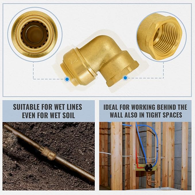 SUNGATOR 3/4 Inch Female Adapter Elbow, 3/4 Inch FNPT, No Lead Brass Push-to-Connect Plumbing Fittings for PEX Pipe, Copper, CPVC, with 1 Release Clip and 1 Sealing Tape, Pack of 4
