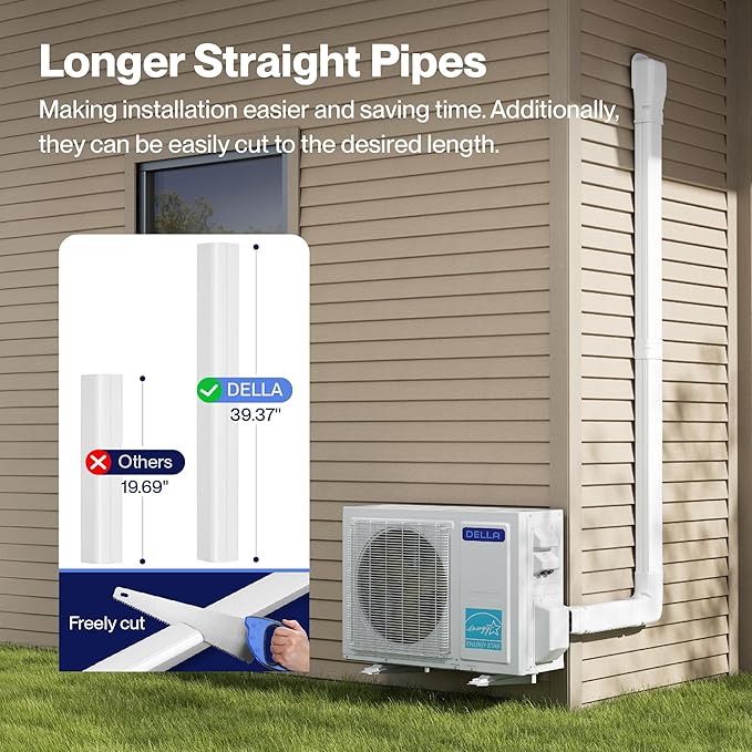 Della 4" 9.5 Ft Mini Split Line Set Cover with Flexible Duct, Decorative PVC Lineset Cover Kit, Paintable for Air Conditioner, Central AC, HAVC & Heat Pumps Systems Tubing Cover, White