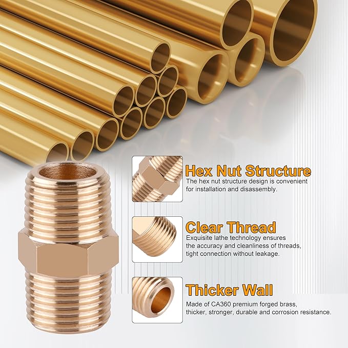 KOOTANS 12pcs Brass Pipe Fittings 1/8 NPT x 1/8 NPT Male to Male Solid Brass Hex Nipple NPT Adapter Pipe Fitting Equal Nipple Connector