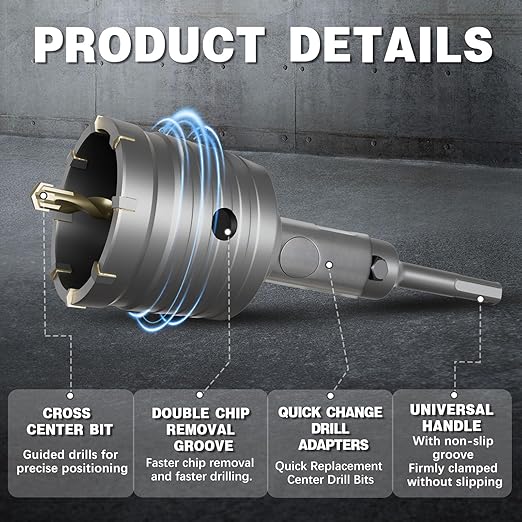 22PCS Concrete Hole Saw Kit, 30/40/50/65/80/100/110mm, Alloy Steel, Silver, Industrial, Hole Saw Set, Compatible with Stone, Brick, Cement, Wall Drilling