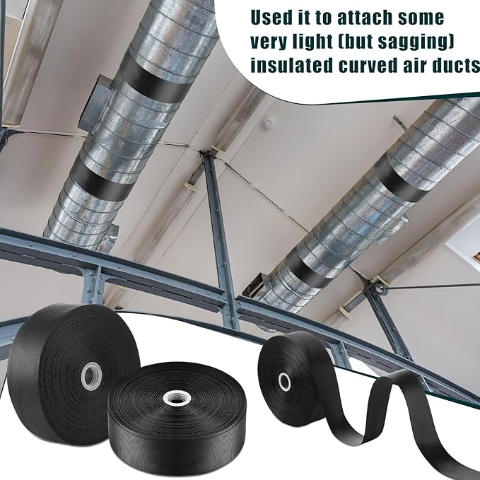 Frienda 2 Rolls Duct Strap Duct Support Webbing Wide Webbing Strap Support Belt Heavy Duty(200 ft X 1.97 Inch,Black)