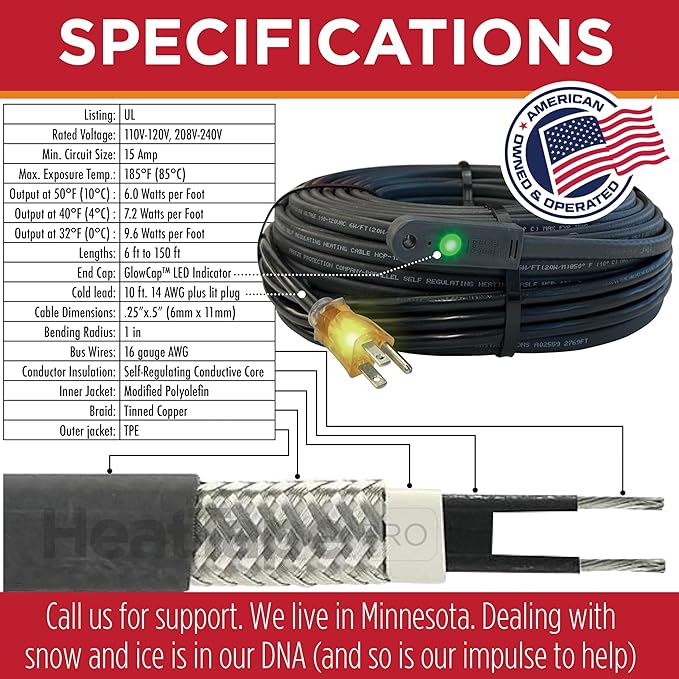 RADIANT SOLUTIONS HeatTapePro - Intelligent Commercial Grade Self-Regulating Heat Cable with GlowCap™ - 10 YR warranty - Ice Dam & Pipe Freeze Protection - 6 ft cable + 10 Ft Cord, 120V, 6 watts/Ft