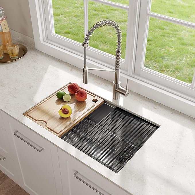 KRAUS Kore Workstation 30-inch Undermount 16 Gauge Stainless Kitchen Sink, Single Bowl Kitchen Sink with 1 HP Garbage Disposal,KWU110-30-100-100MB