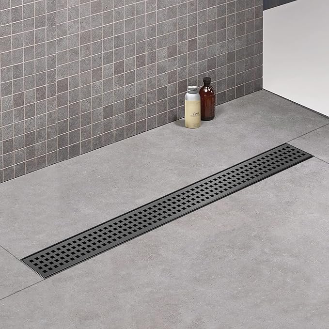 Linear Shower Drain, 60 inch Black Drain with Removable Grate Cover, Brushed 304 Stainless Steel Shower Floor Drain, Linear Drain with Hair Strainer and Adjustable Feet