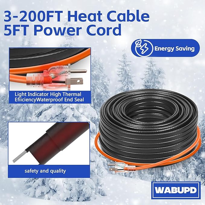 3FT-200FT Heat Tape for Water Pipes, -40°F Deicing Pipe Heat Cable,Electric Heating Cable Pipe,Frezze Protection for Heat Trace Cable for Metal, Plastic Home Pipes,Gutter,120V 5W/ft（120FT）