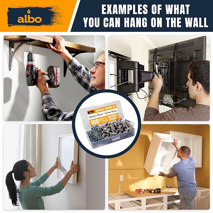 ALBO Drywall Anchor Kit Hollow Wall with Screws 100 pcs. (Grey Anchor 50pcs + Screws 50pcs) Plastic Hollow Wall Drilling Anchors