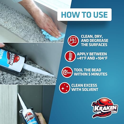 Kraken Bond Gray Silicone Sealant Waterproof% 100-10 fl oz Cartridge - RTV Silicone Caulk Kitchen and Bathroom, All Purpose, Window Caulking Sealant Outdoor, Exterior Use Silicon, Gun Incl - 12 Pack