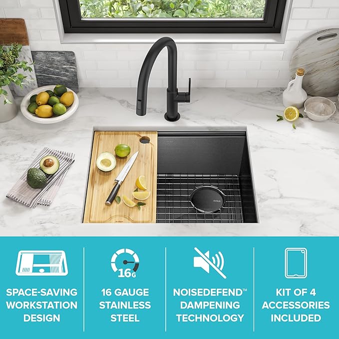 KRAUS Kore 23 Inch Undermount Workstation 16 Gauge Black Stainless Steel Single Bowl Kitchen Sink in PVD Gunmetal Finish with Accessories, KWU1111-23-PGM