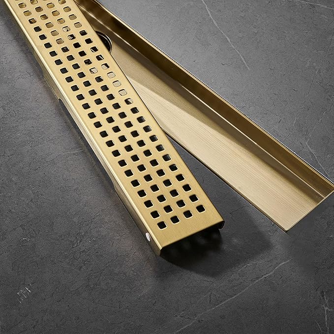 Linear Shower Floor Drain, Brushed Gold 30 Inch 304 Stainless Steel Bathroom Drains Kit, Long Rectangular Shower Trench Drain with Square Pattern Drain Cover & Hair Catcher
