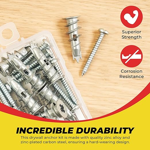 Qualihome Zinc Self Drilling Drywall Anchor Hollow Wall Anchor Kit With Screws - Metal Self Drilling Drywall Anchors With Wide Screw Fins - #8 Zinc Drywall Anchors Heavy Duty (10 Pack)