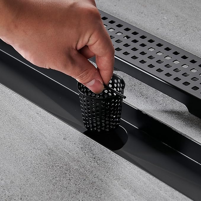 Linear Shower Floor Drain, Matte Black 32 Inch 304 Stainless Steel Bathroom Drains Kit, Long Rectangular Shower Trench Drain with Square Pattern Drain Cover & Hair Catcher
