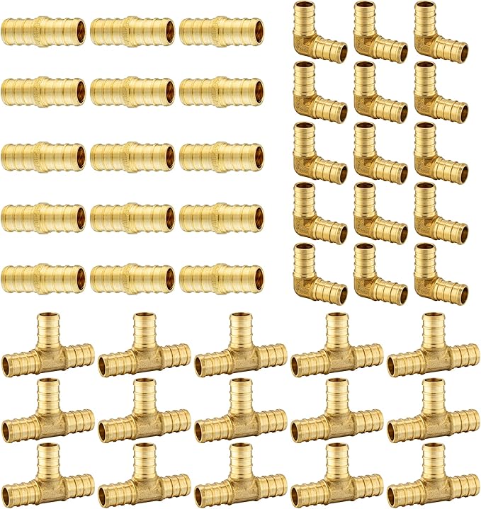45-Pack EFIELD 1/2" Barb Pex Brass Crimp Fittings 15 Pieces each: Tee, Elbow and Coupling For Pex Tubing Connection, ASTM F1807, (1/2-inch),(PEX1807186)