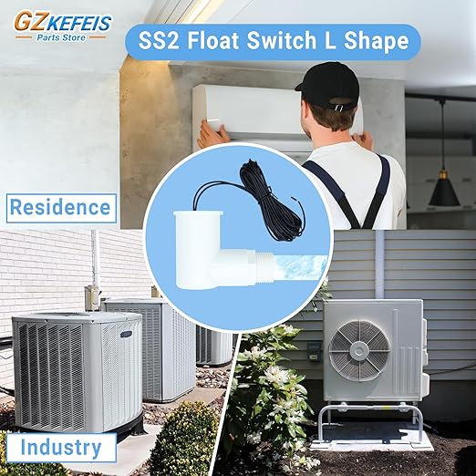 SS2 Float Switch L Shape, Compatible with Safe-T-Switch for HVAC Drain Pan Condensate Outlet, AC Water Level Switch with 3/4 Inch Adapter and 6Ft Wire (2, White)