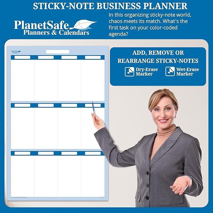Sky Blue 12 Section Task, Objective and Goals Planning System Vertical 48" Tall 32" Wide. Wall Tray, Dry-Erase Marker, Eraser and 600 Sticky-Notes