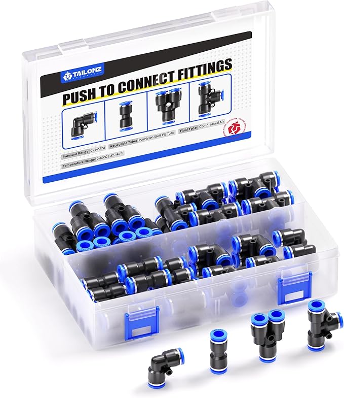 TAILONZ PNEUMATIC 6MM OD Push to Connect Fittings Pneumatic Fittings Kit 8 Spliters+10 Elbows+8 tee+10 Straight (36 pcs)