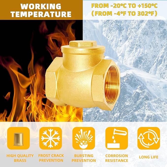 1-1/2" NPT Horizontal Check Valve, Brass Non Return Swing Check Valve to Prevent Water Backflow, Level One Way Counterflow Valve to Prevent the Medium Backflow for Oil Water Gas Air（1-1/2", DN40）