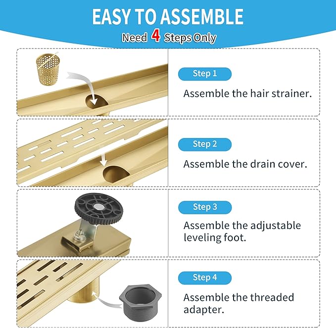 Linear Shower Drain, Brushed Gold Shower Drain 28 Inch with Removable Grate, SUS-304 Stainless Steel Rectangle Floor Drain with Leveling Feet and Hair Strainer, Bathroom Modern Drain SD-101