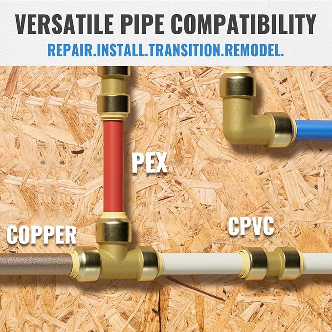 SUNGATOR Push Pex Fittings 3/4 Inch, 5 Each Coupling and Elbow, Tee (2 PCS), No Lead Brass Push-to-Connect Plumbing Fittings for Pex Pipe, Copper, CPVC, with 1 Disconnect Clip, Pack of 12