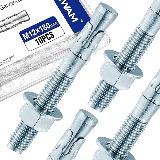 10Pcs 1/2" × 7" Concrete Anchor Bolts, Zinc Plated Carbon Steel Wedge Anchors for Cement, Brick, and Masonry