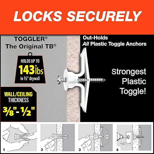 TOGGLER Toggle TB Residential Drywall Anchor, Polypropylene, Made in US, 3/8" to 1/2" Grip Range, For #6 to #14 Fastener Sizes (Pack of 100)