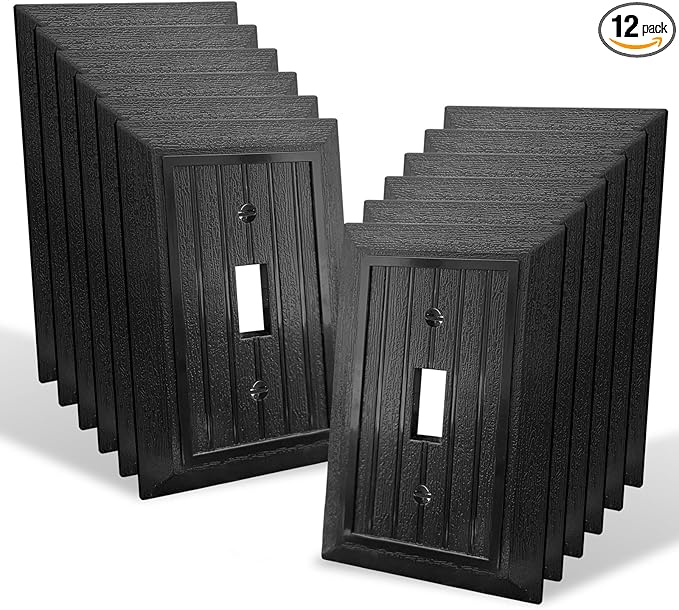 Classic Retro Wood Grain Design Style, Modern Decorative Light Switch Cover Plate, Rocker Outlet Covers Wall Plates Mid-Size (1 Gang Single Toggle 12-Pack Black)