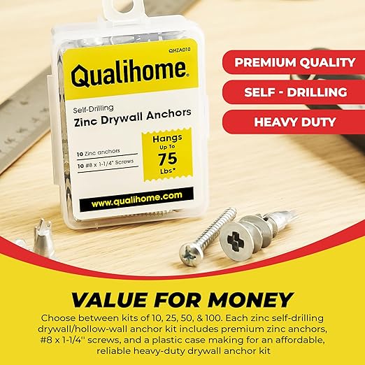 Qualihome Zinc Self Drilling Drywall Anchor Hollow Wall Anchor Kit With Screws - Metal Self Drilling Drywall Anchors With Wide Screw Fins - #8 Zinc Drywall Anchors Heavy Duty (10 Pack)