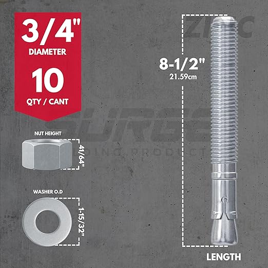 3/4" x 8-1/2" Zinc-Plated Wedge Anchors for Concrete and Cement | Heavy-Duty 3/4 Concrete Anchors (Box of 10)