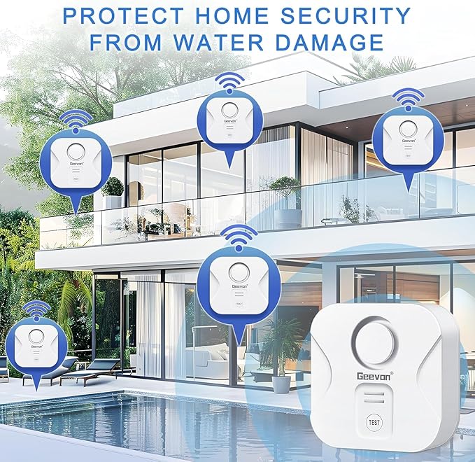 Geevon 10 Pack Water Leak Detectors for Home, 100dB Water Sensor Alarm Flood Leakage Detection Devices for Bathroom, Basements, Laundry Rooms, Kitchen, IP56 Waterproof(Battery＆Screwdriver Included)
