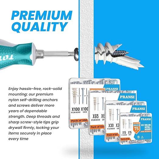 Drywall Anchors and Screws Kit – 200pcs #8 x 1-1/4” Self Drilling Anchors – No Pre-Drill Required – Heavy Duty Wall Anchors for Drywall – Holds Up to 75lbs