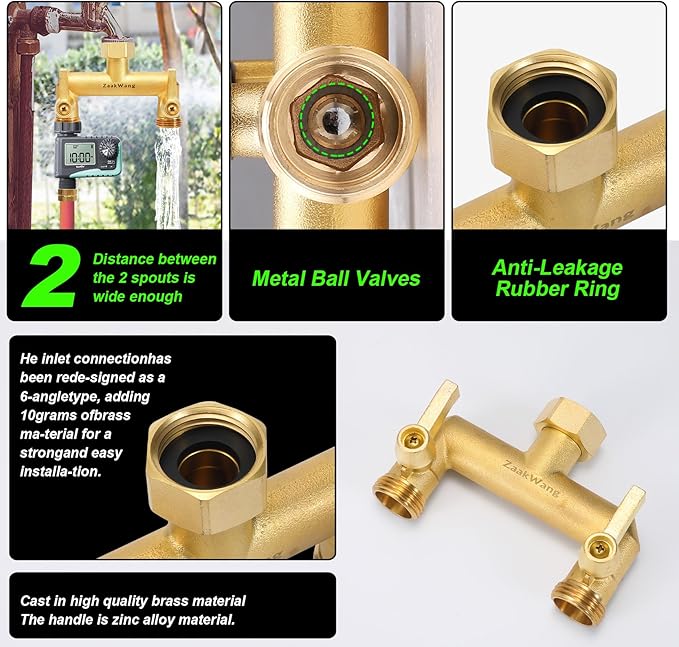 Heavy Duty Brass 2-Way Garden Hose Splitter, 3/4" GHT Threads, Metal Shutoff Valve, Long Handle