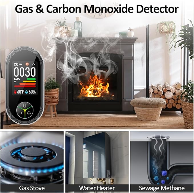 4-in-1 Carbon Monoxide Detectors & Natural Gas Leak Detector Plug in, Combination CO Detector & Combustible Gas, LPG, Methane, Propane Alarm with Fahrenheit(°F) & Humidity(3 Pack)