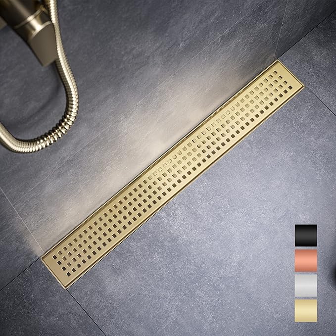 Linear Shower Drain 28 Inch Rectangular, Brushed Gold Shower Drain, 51L/Min Fast Drainage SUS-304 Stainless Steel Floor Linear Drain, US Standard CUPC Certified, Zirconium Gold, SD-112-28ZG
