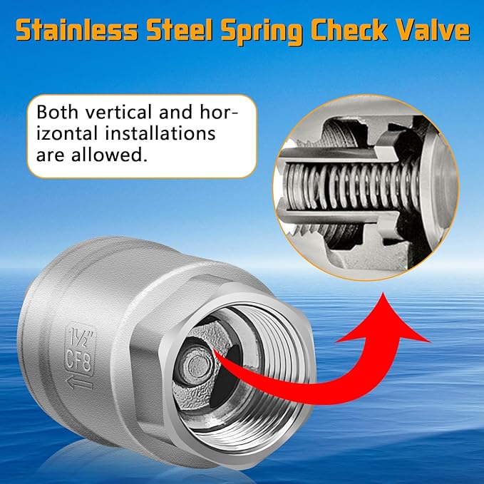 Boltigen 1-1/2 inch Spring Check Valve, 304 Stainless Steel CF8 Non Return One Way Horizontal Check Valve, Vertical Inline Water Check Valve for Well, Pump, Tank, Backflow Prevention, WOG 1000