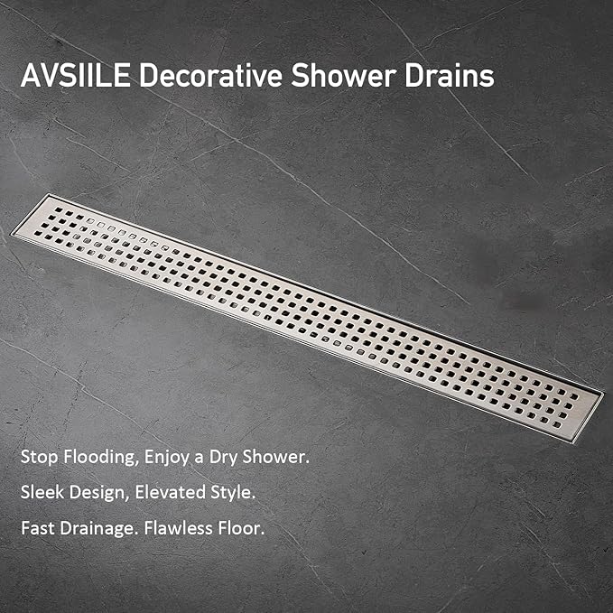 Linear Shower Floor Drain, Brushed Nickel 36 Inch 304 Stainless Steel Bathroom Drains Kit, Long Rectangular Shower Trench Drain with Square Pattern Drain Cover & Hair Catcher