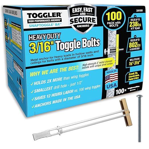 TOGGLER SNAPTOGGLE Heavy-Duty Drywall Toggle Bolt – 3/16"-24 UNC Zinc-Plated Anchor for Hollow Walls, Plaster & Tile – Holds 238 lbs in 1/2" Drywall, Easy Install – 100 Pack (W/Roundhead Bolts)