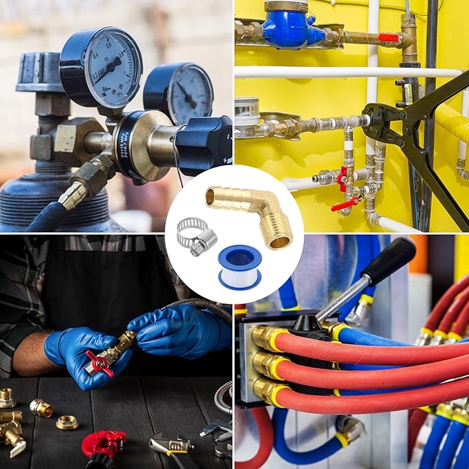 uxcell 2Pcs Brass Hose Barb Fittings, 3/8" x 1/4" NPT 90 Degree Elbow Hose Connector with Hose Clamps for Water Fuel Gas Oil Transportation