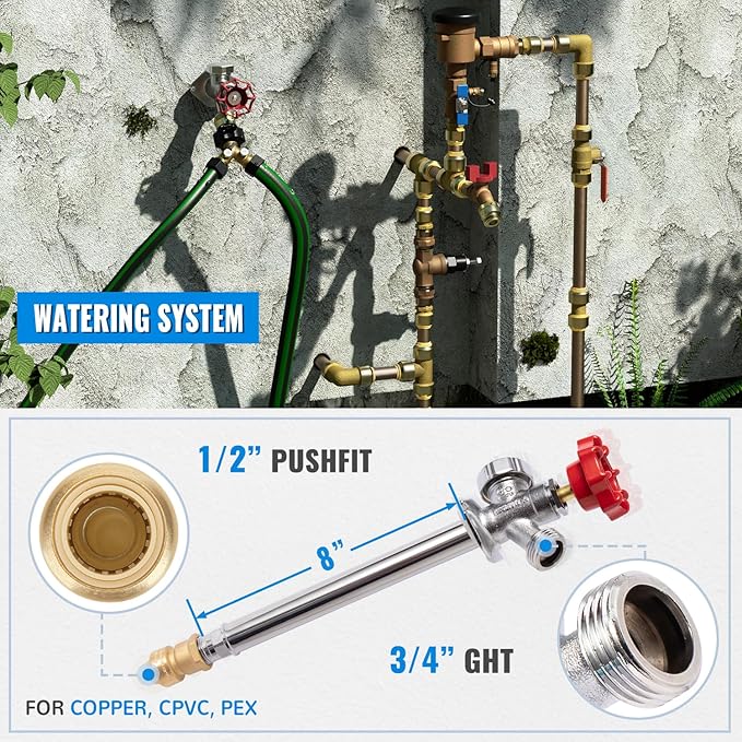 SUNGATOR Frost Free Sillcock, 8" Push Fit Anti-Siphon Hydrant, 3/4-Inch Hose Bibb x 1/2-Inch Push Adapter, No Lead Brass Valve with Tape & Disconnect Clip, Push-to-Connect