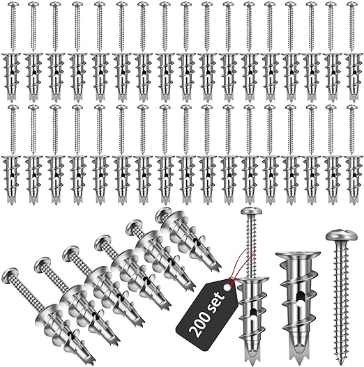 400 Pieces Zinc Self Drilling Drywall Anchors with Screws Kit, Bulk Heavy Duty Metal Wall Anchors and #8 x 1-1/4'' Screw (200 Anchors+200 Screws) Includes