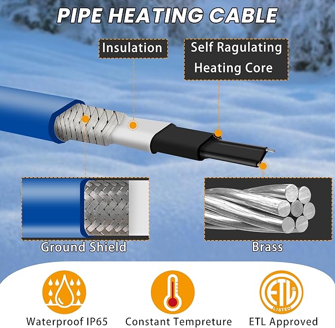 30FT Pipe Heat Cable with Thermostat, Self-Regulating Heating Cable 120V 5W/FT, Freeze Protection for Water Pipes, Roof, Garden, and Outdoor Use, Works Down to -40°F