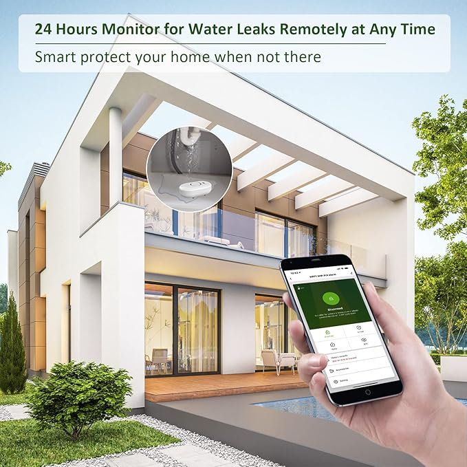 METAK Water Leak Detector Alarm: WiFi Water Flooding Monitor Smart App Sink Overflow Monitoring Adjustable Wet Moisture Alert Pipe Leakage Drip Detection Warning for Home Basement Floor