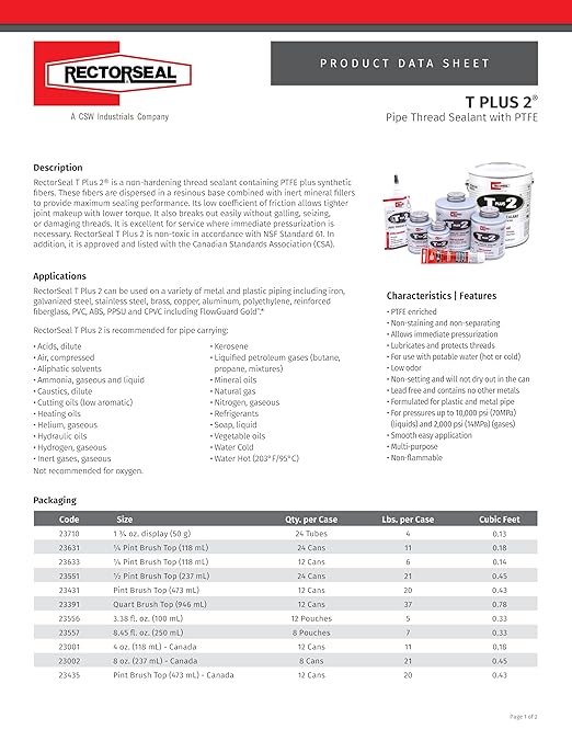 RectorSeal T Plus 2 23431 Pipe Thread Sealant, Non-Hardening, Synthetic Fibers, Contains No Other Metals, PTFE Enriched, Plumbing, 16 oz.