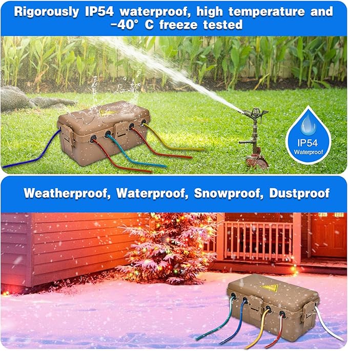 Hrensaw Medium Outdoor Electrical Box(10.6x5.5x4.5inch),Weatherproof Connection Box w/6 Cable Entry,IP54 Waterproof Extension Cord Cover Protect Power Strip,Timer,Plug,Holiday Lights,Brown